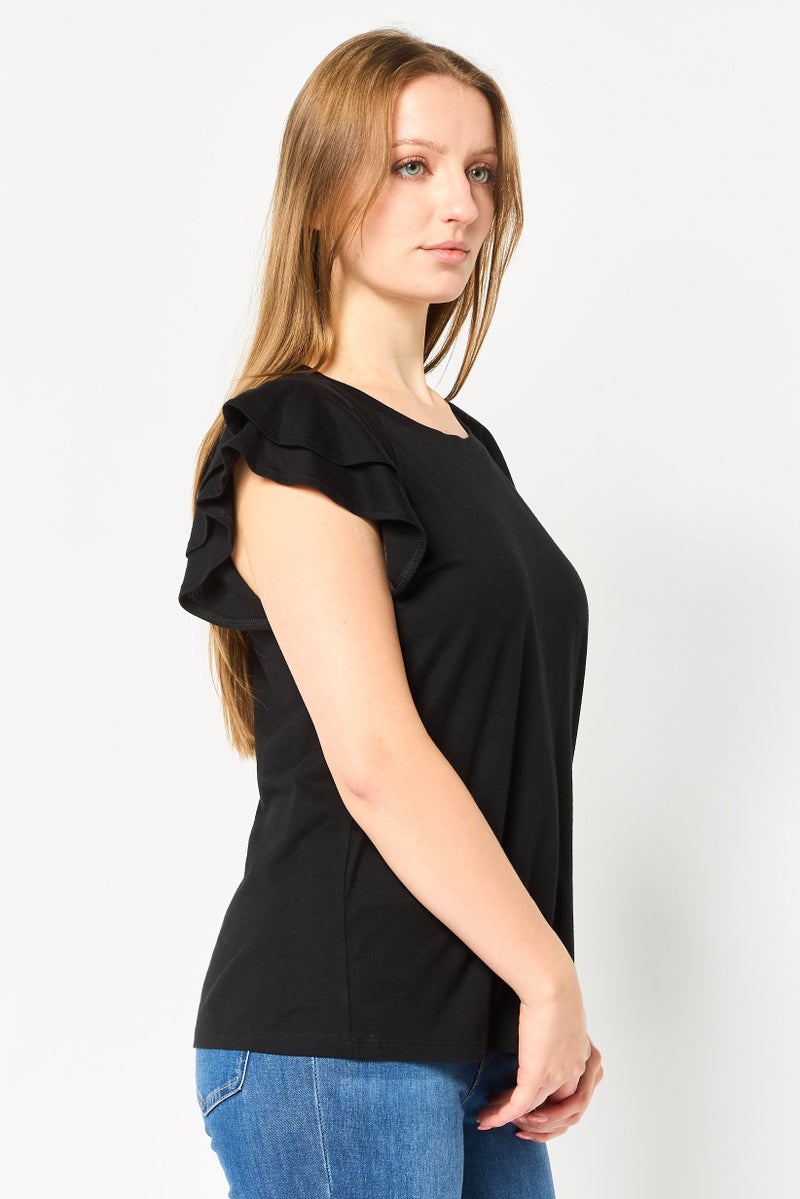 GAP Women Crew Neck Solid Flutter Sleeve Top, Black - Image 3